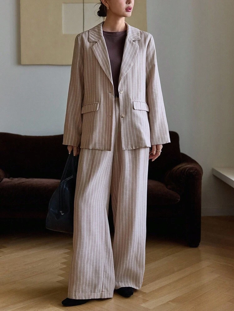Women's Striped Lapel Neck Long Sleeve Single-Breasted Jacket And Pants Casual Suit Set, Autumn Business Attire