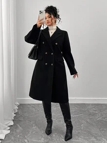 Elenzga 大码优雅修身中长款大衣，秋冬女装 - 黑色 - 查看 5