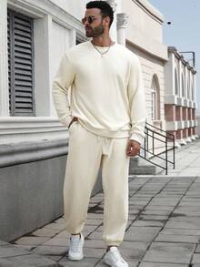 Manfinity Homme Bộ quần áo chui đầu và quần nỉ thường ngày cỡ lớn cho nam, trang phục mùa thu - Màu be - Xem 3