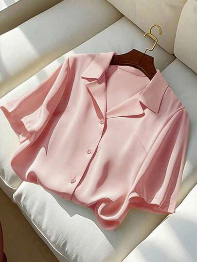 Franclia 大码女式纯色翻领短袖纽扣休闲宽松通勤优雅衬衫