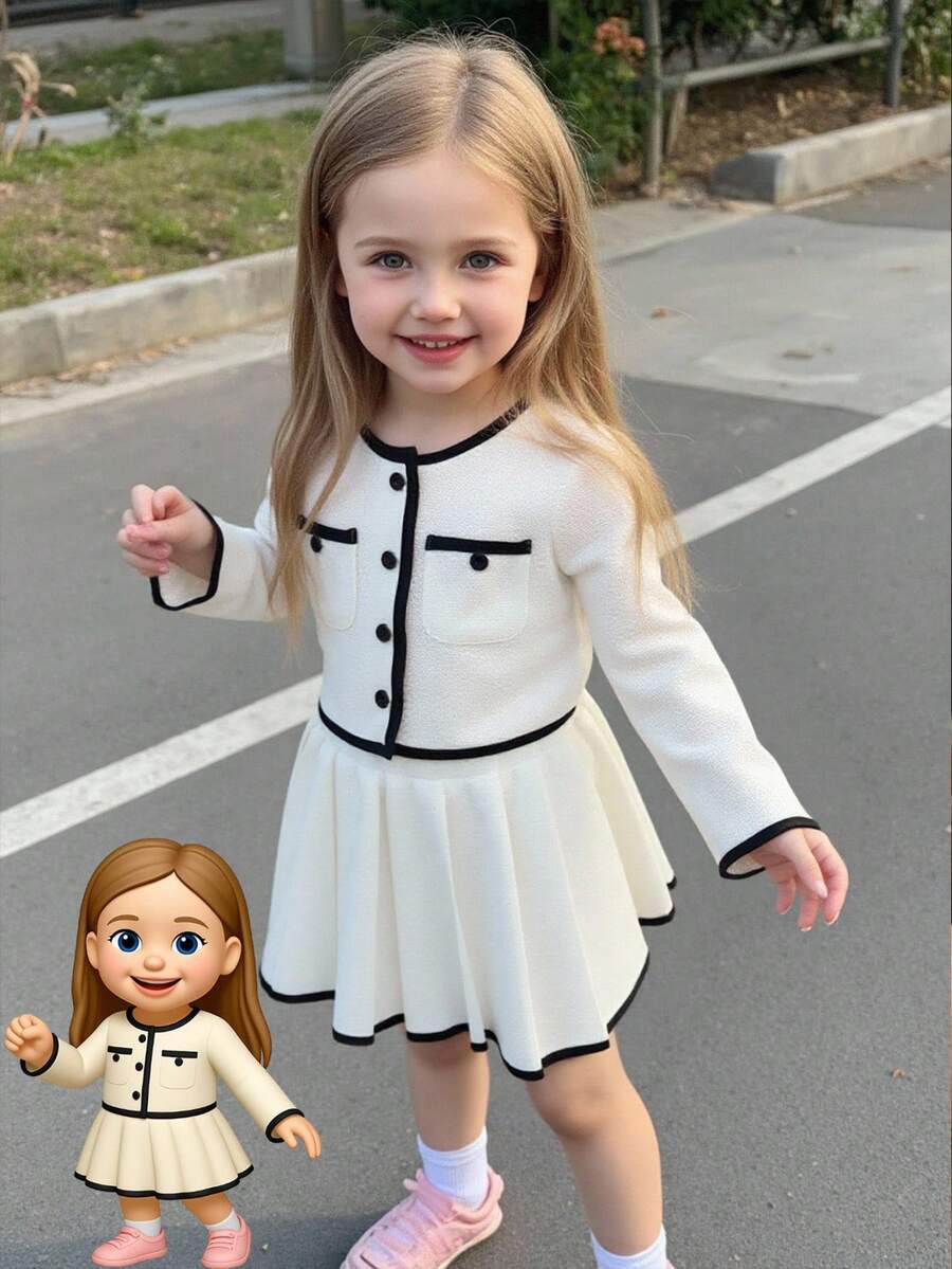 Elladie kids 2 件套年轻女孩秋季翻领新款时尚长袖单排扣夹克和百褶迷你裙 - 白色 - 查看 1