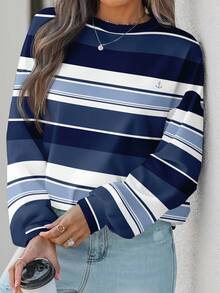 EMERY ROSE Sudadera casual y minimalista a rayas con contraste de color para mujer talla grande, adecuada para otoño/invierno - Multicolor - Ver 1