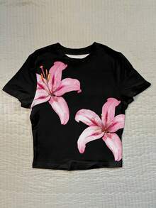 Attitoon Women's Round Neck Short Sleeve Fitted T-Shirt, Suitable For Summer, Hibiscus Flower Print, Hawaiian Print, Suitable For Vacation