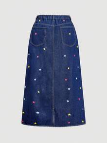 SHEIN MOD Plus Size Women Casual Star Print Frayed Hem Denim Skirt, Fall