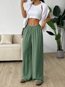 SHEIN EZwear Quần ống rộng lưng cao màu trơn đơn giản dành cho nữ cỡ lớn, mùa xuân/thu - Màu xanh Ô liu - Xem 3