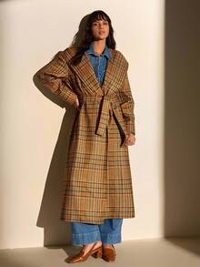 CLARA VERO Karierter Mantel mit Kapuze, Gürtel in Taille, klassischer Kragen, warmes Gewebe, stilistisch, perfekt für Herbst- und Winteroutfits - Verschiedenfarbig - Übersicht 5