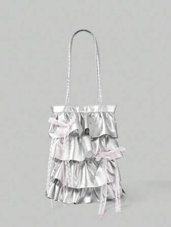 Grunge Punk Y2K Cute & Sexy Bow Decor Women's Fashion Shoulder Bag Minimalist Silver Techno Chic Drawstring Tote Bag, Versatile For Dates, Casual Travel, Shopping, Daily Commute