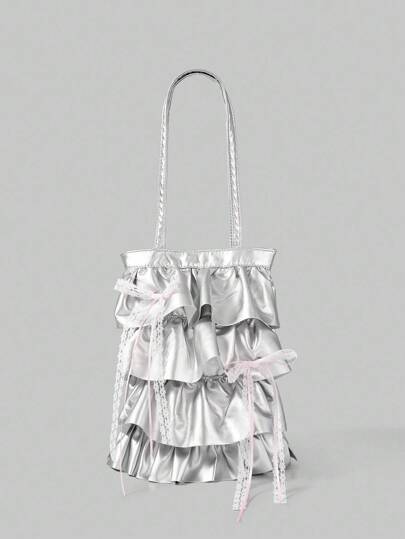 ROMWE Grunge Punk Y2K 可爱性感蝴蝶结装饰女士时尚单肩包简约银色科技时尚抽绳手提包，适合约会、休闲旅行、购物、日常通勤