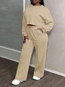 Slaydiva 新款复活节西部风女装休闲街头辣妹风雪蓝色水洗绿长袖上衣和阔腿裤两件套 - 杏色 - 查看 5