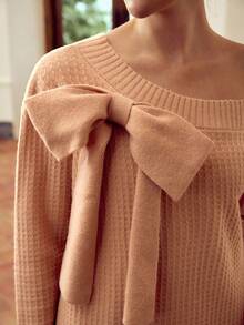 ZEYLAH Elegant Solid Color Asymmetric Collar Bow Decor Sweater, Fall /Winter Clothes - Coral Orange - View 7