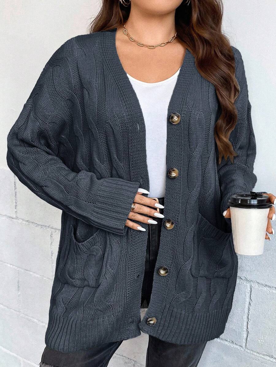 EURMUSE Plus Size Women Casual Twist Cable Pattern Drop Shoulder Long Sleeve Single-Breasted Knit Cardigan, Autumn - Grey - View 1