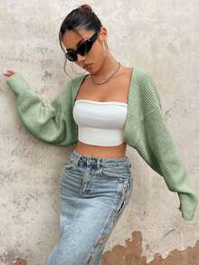 EURMUSE Y2K Grunge Drop Shoulder Open Front Crop Cardigan Without Tube Top - Mint Green - View 4