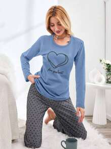 SHEIN Cottnline Bộ đồ ngủ gồm áo phông và quần in hình trái tim và khẩu hiệu 100% Cotton - Màu xanh nhạt - Xem 3