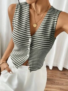 SHEIN Frenchy 1 件女式无袖简约条纹前扣休闲背心，日常穿着 - 綠色 - 查看 4