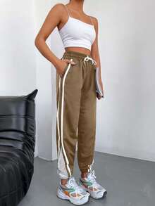 SHEIN Cottnline 95%纯棉撞色带抽绳腰部斜口袋运动裤 - 芥末黃 - 查看 5