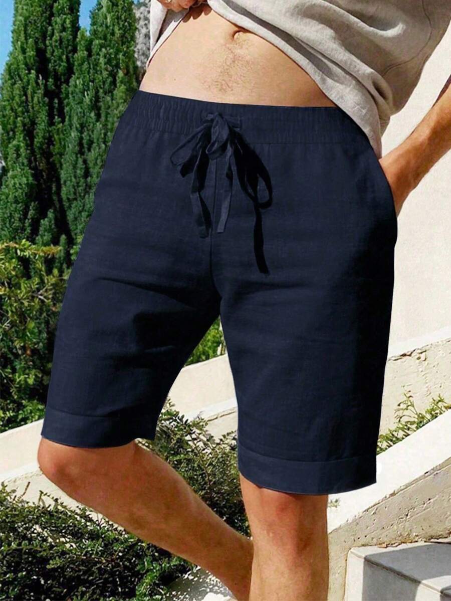Manfinity Homme Men's Solid Color Waist Tie Pocket Casual Drawstring Versatile Shorts, Linen Navy Blue Shorts