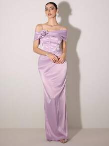 Poshira 女士不对称领口荷叶边优雅鸡尾酒会礼服，带有 3D 花卉装饰 - 紫色 - 查看 2