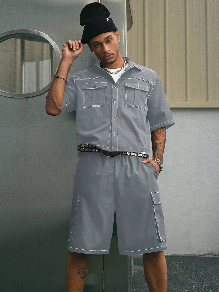 AXEPEAK Bộ 2 áo sơ mi tay ngắn dáng rộng phong cách đường phố thoải mái ve áo và quần short dành cho nam - Màu xanh lam - Xem 1
