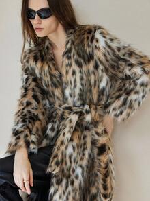 Aveloria Modichic 豹纹V领系带奢华长款喇叭人造皮草大衣，欧美时尚风格 - 彩色 - 查看 7