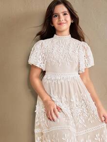 SHEIN Elegante vestido de princesa de encaje para la fiesta de cumpleaños de una niña preadolescente - Albaricoque - Ver 6