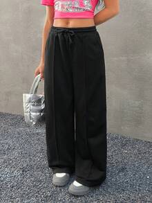 Coolane Kids 青少年女孩纯色前系带休闲长裤，黑色阔腿运动裤 - 黑色 - 查看 4