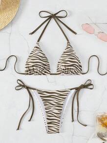 Swim Basics 2 件套女士动物印花比基尼泳装，随机印花 - 杏色 - 查看 1