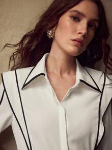 MOTF PREMIUM CONTRAST BINDING RUFFLE ARMHOLE LONG SLEEVE SHIRT - White - View 6