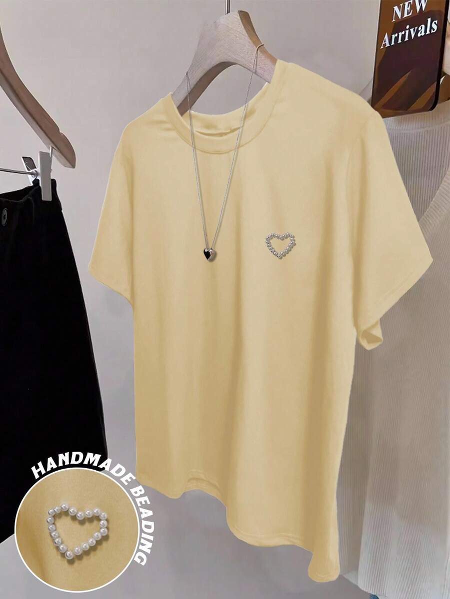 INAWLY 夏季休闲铆钉心形装饰短袖T恤 - 杏色 - 查看 1