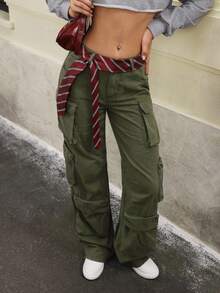 Jeanoix Solid Color Pocket Casual Versatile Wide Leg Jeans - Army Green - View 5