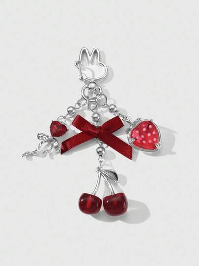 Kawaii 1 pezzo Elegante e alla moda, di alta qualità, ciondolo a forma di fiocco di cristallo con perline d'argento CCB, fragola in resina e ciondolo a forma di ciliegia, adatto come portachiavi/charm per borsa per donne e ragazze, per uso quotidiano e come regalo per le vacanze