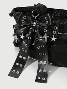 ROMWE Grunge Punk 1pc Y2K Retro Punk Chic High-End Dark Gothic Style Black Leather Double-Layer Hollow Bowknot Star Cross Pendant DIY Keychain Bag Charm, Suitable For Women, Daily Wear Or Gift - Black - View 4