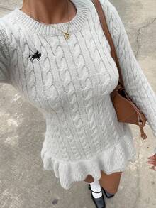 SHEIN Unity Embroidered Detail Round Neck Cable Ruffle Hem Versatile Knit Dress Fall Winter Cloth For Women - Grey - View 3
