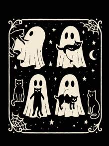 Plus Size Halloween Ghost Cat Print Short Sleeve T-Shirt, Suitable For Summer Outdoor Wear - Black - View 3