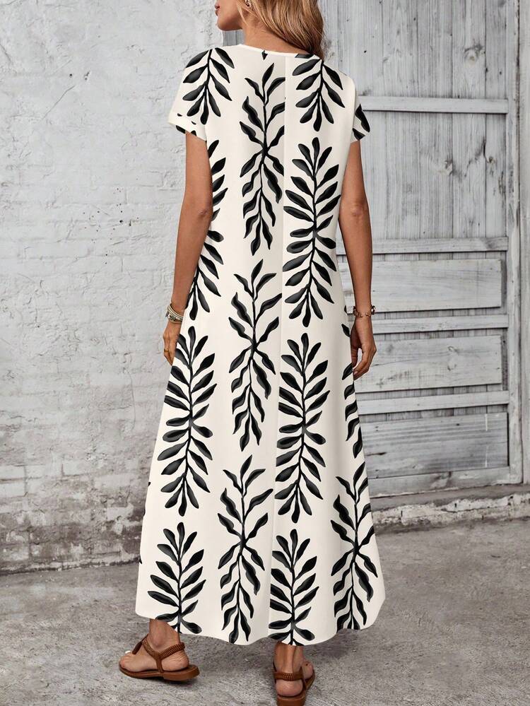 Casual Minimalist Versatile Pattern Women Summer Dress Chic Dress Leaf Print Maxi Dress Women Vacation Dress Long Maxi Summer Dress Casual Long Dress Maxi Vacation Dress,Casual
