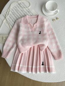 SHEIN Playful Pals Young Girl Autumn/Winter Casual Commuting School Style Rabbit Embroidery Gingham Pattern V-Neck Sweater And Pleated Skirt Set Fall - Pink - View 4