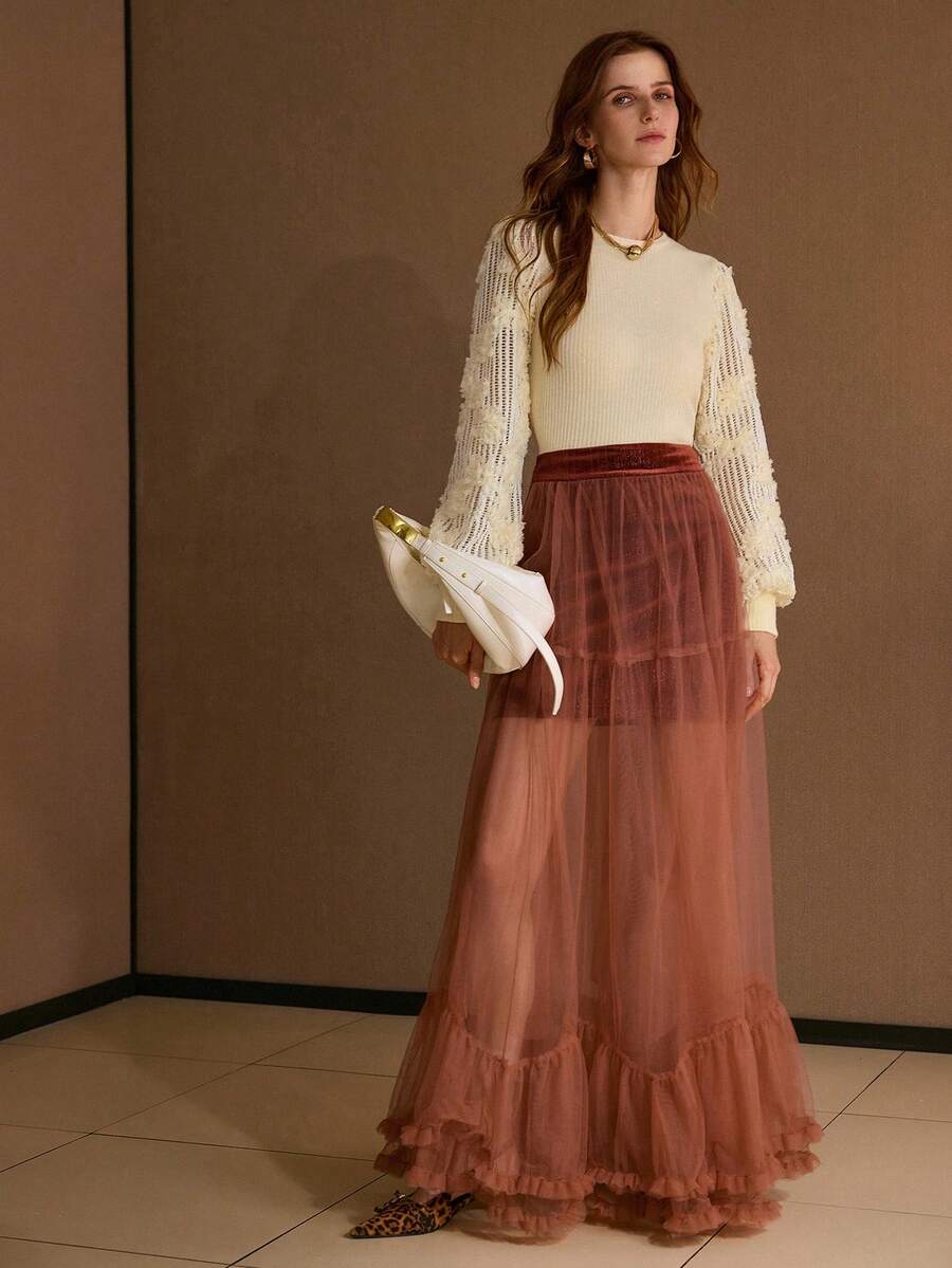 MOTF PREMIUM WOMEN'S AUTUMN/WINTER KNITTED APPLIQUES CREW NECK T-SHIRT - Apricot - View 1