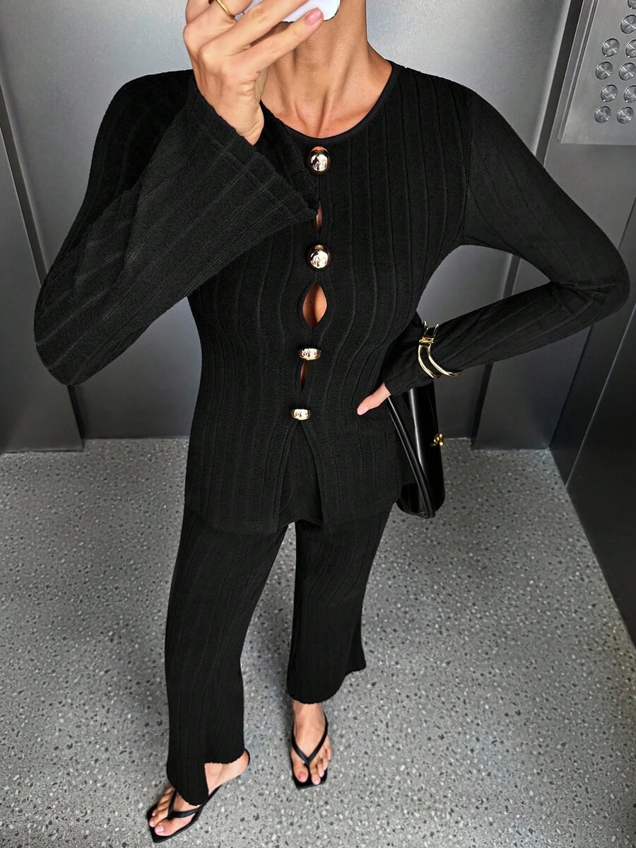Siren Gaze 2pcs Women's Autumn Metal Single-Breasted Split Hem Long Sleeve Top And Pants Set Winter Black Casual - Black - View 1