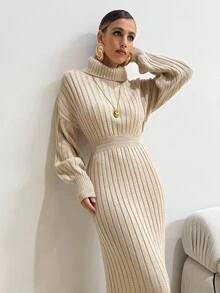 Lavishia 高领罗纹腰中长款毛衣裙，秋冬 - 卡其色 - 查看 4