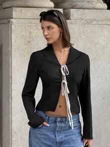 Siren Gaze Áo khoác blazer nữ cổ chữ V kiểu Pháp màu tương phản, buộc dây phía trước, tay dài, buộc dây, thời trang, đa năng, áo khoác blazer quấn crop top, thích hợp mặc đi làm hàng ngày. Áo khoác blazer phối nhiều lớp cho mùa thu, hàng mới về mùa thu đông., mặc hàng ngày và phối nhiều lớp, mặc khi trở lại trường, quần áo nữ mùa thu, áo dễ thương, áo đi chơi cho nữ, phong cách cổ điển cho nữ, áo khoác blazer thường ngày, phù hợp cho mọi mùa - màu đen - Xem 6