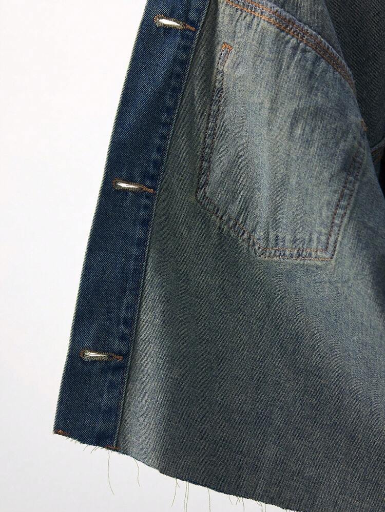 SHEIN Maija Women's Vintage Blue Denim Jacket With Retro Disco Style And Sparkling Diamonds. Casual Denim Long-Sleeved Jacket For Autumn. Long-Sleeved Denim Shirt Autumn Coat