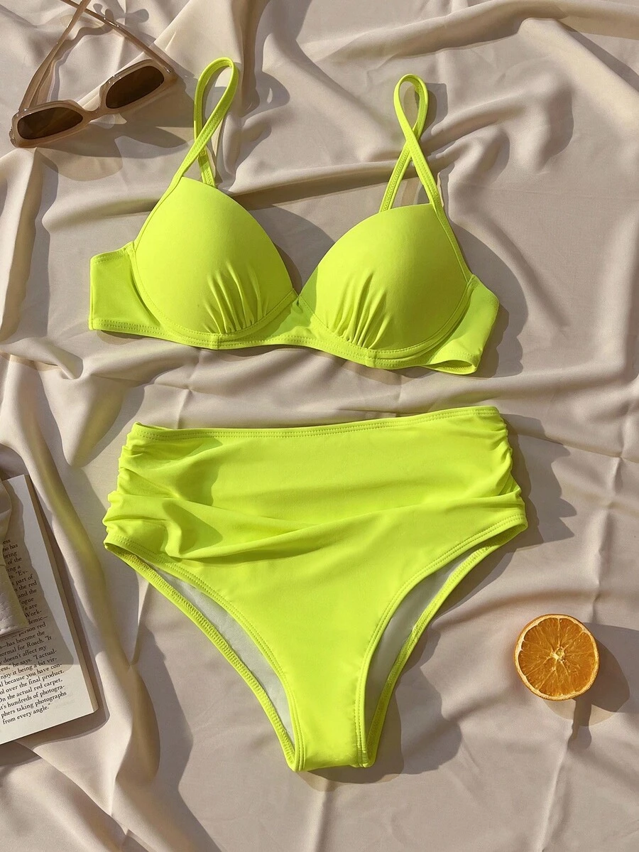 SHEIN Swim Summer Beach Ruched Push Up High Waisted Neon Bikini - Lime Green - View 1