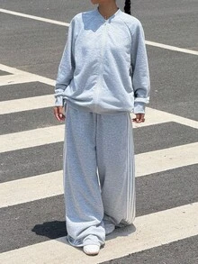 Muchica Grey Two Piece Set New Autumn Women's Casual Loose Contrast Striped Jacket And Pants Set Two Piece Lounge Set Women Long Sleeve Two Piece Set Grey Tracksuit,Fall - Grey - View 4