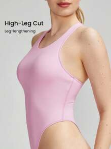 GLOWMODE FeatherFit™ Powerhouse Round Neck Racerback Halter Thong Bodysuit Low Impact Yoga Daily Summer - Bubblegum Pink - View 2