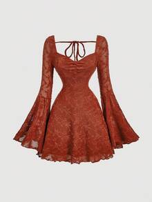 SHEIN MOD 女士白色蕾丝提花喇叭袖短款针织连衣裙，新年女装 - 乾枯玫瑰色 - 查看 1