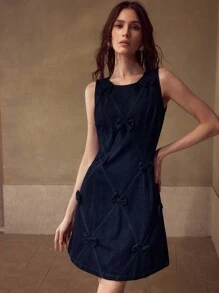 MOTF STUDIO BOW DETAIL ZIPPER DENIM DRESS