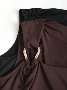 Sweetra 2pcs/Set Asymmetric Collar Fitted T-Shirt, Versatile Casual Top, Spring/Summer