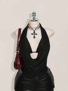 SHEIN ICON Bộ 2 áo ba lỗ hở lưng lấp lánh cho nữ cỡ lớn, đi biển, tiệc tùng Hawaii - màu đen - Xem 1