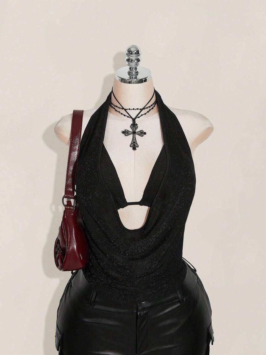 SHEIN ICON Bộ 2 áo ba lỗ hở lưng lấp lánh cho nữ cỡ lớn, đi biển, tiệc tùng Hawaii - màu đen - Xem 1