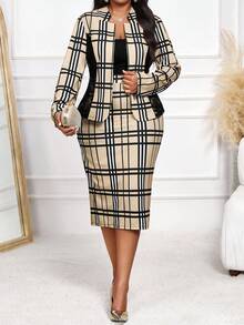 SHEIN Lady 女款格紋兩件式套裝，優雅商務休閒對比蕾絲夾克中長裙套裝，大尺碼米色夏季西裝外套，適合晚宴與辦公室 - 彩色 - 查看 4