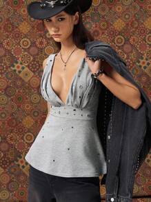 Easelle Sweet And Cool Sexy Hooded Perforated Bodycon Ruffle Hem Grey Women Tank Top Deep V-Shaped Corns, Waist Cinching A Pose - Grey - View 6